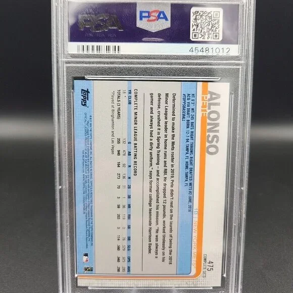 2019 Topps - Pete Alonso #475 Batting (RC) Psa 10 No Sock Showing - Picture 2 of 2